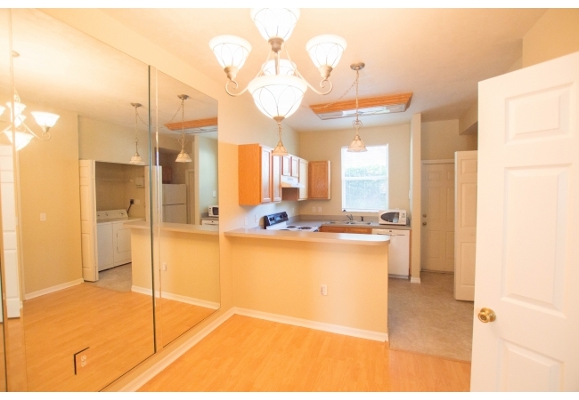 An elevated eat-in bar separates the kitchen and dining area.